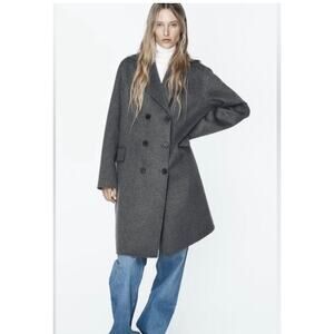 Zara Gray Oversized Double Breasted Wool Blend Midi Coat Women’s M Preppy Euro